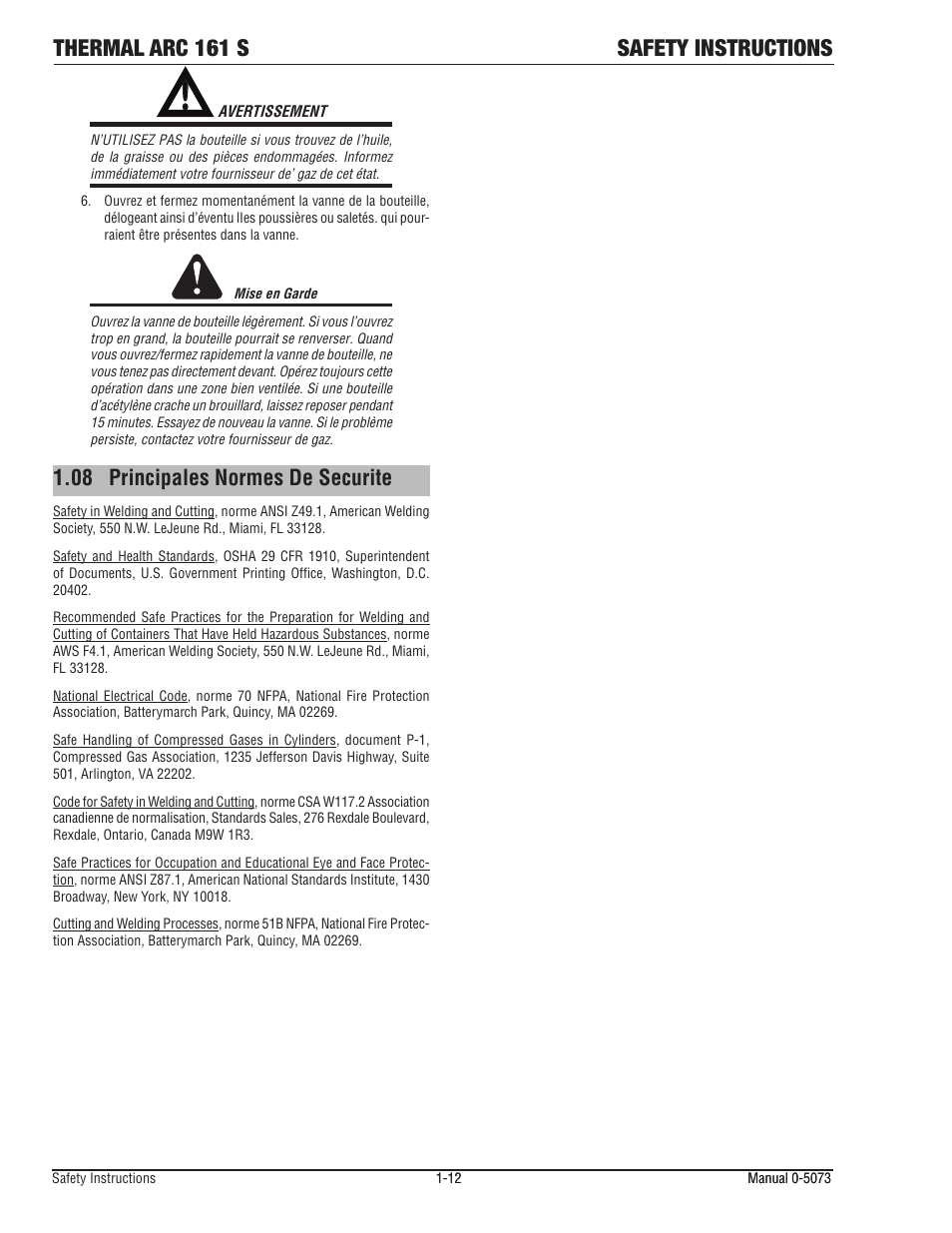 Thermal arc 161 s safety instructions, 08 principales normes de securite | Tweco 161 S Inverter Arc Welder User Manual | Page 18 / 58