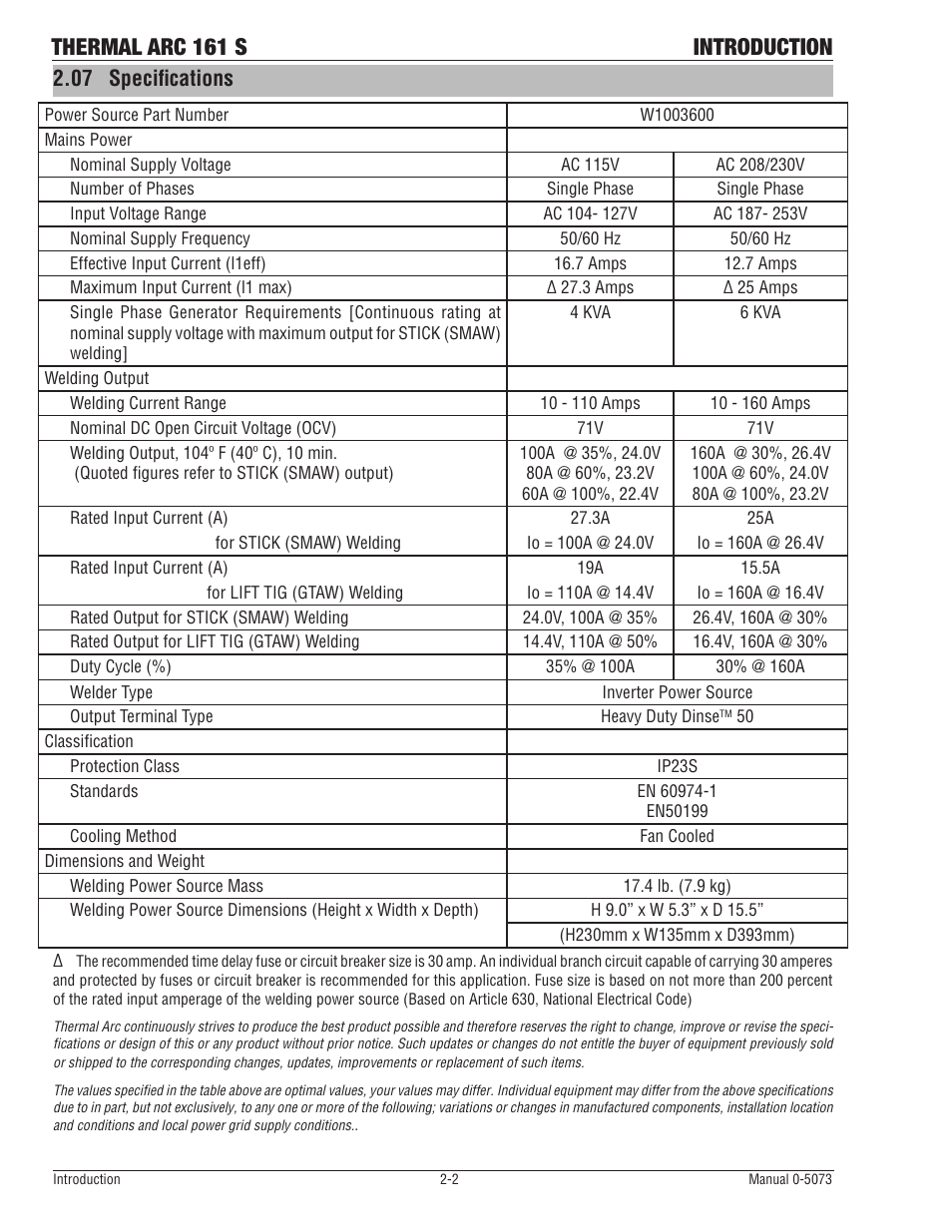 07 specifications, Specifications -2, Thermal arc 161 s introduction | Tweco 161 S Inverter Arc Welder User Manual | Page 22 / 58