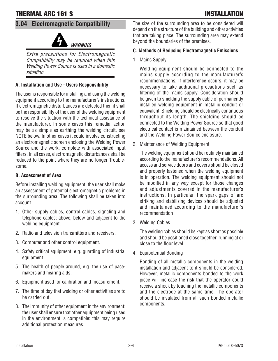 04 electromagnetic compatibility, Electromagnetic compatibility -4, Thermal arc 161 s installation | Tweco 161 S Inverter Arc Welder User Manual | Page 26 / 58