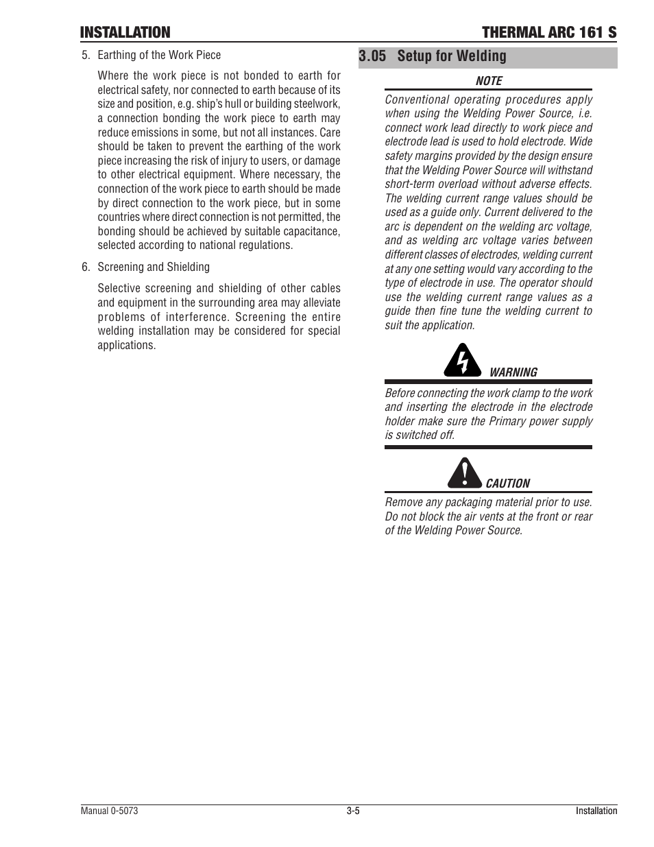 05 setup for welding, Setup for welding -5, Installation thermal arc 161 s | Tweco 161 S Inverter Arc Welder User Manual | Page 27 / 58