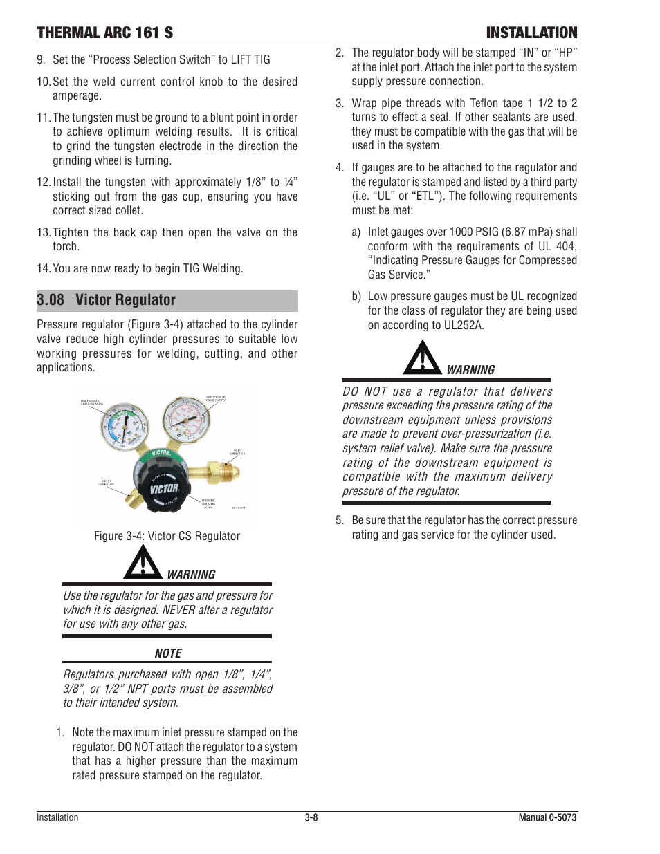08 victor regulator, Victor regulator -8, Thermal arc 161 s installation | Tweco 161 S Inverter Arc Welder User Manual | Page 30 / 58