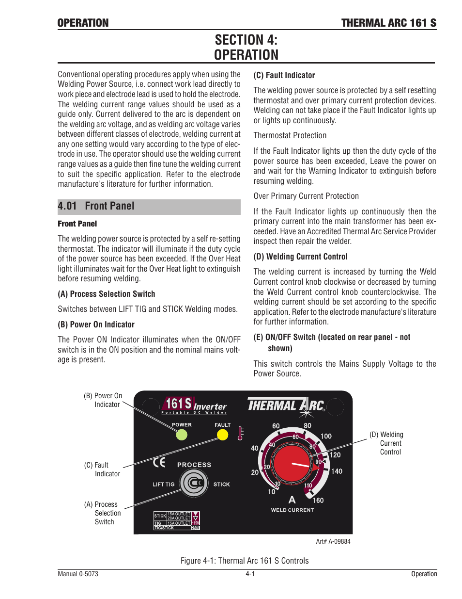 Section 4:operation, 01 front panel, Section 4:operation -1 | Front panel -1, Operation thermal arc 161 s | Tweco 161 S Inverter Arc Welder User Manual | Page 33 / 58
