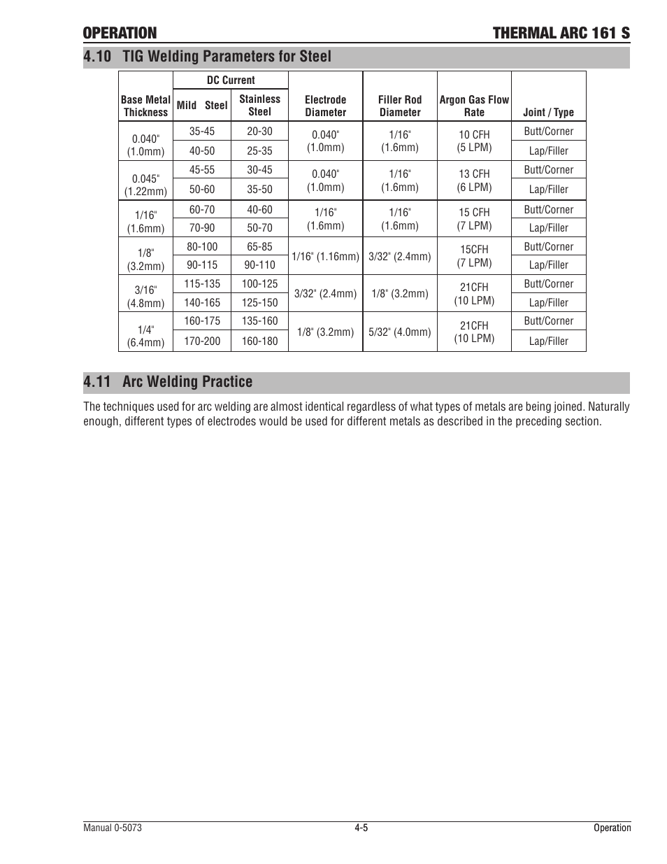 10 tig welding parameters for steel, 11 arc welding practice, Tig welding parameters for steel -5 | Arc welding practice -5, Operation thermal arc 161 s | Tweco 161 S Inverter Arc Welder User Manual | Page 37 / 58