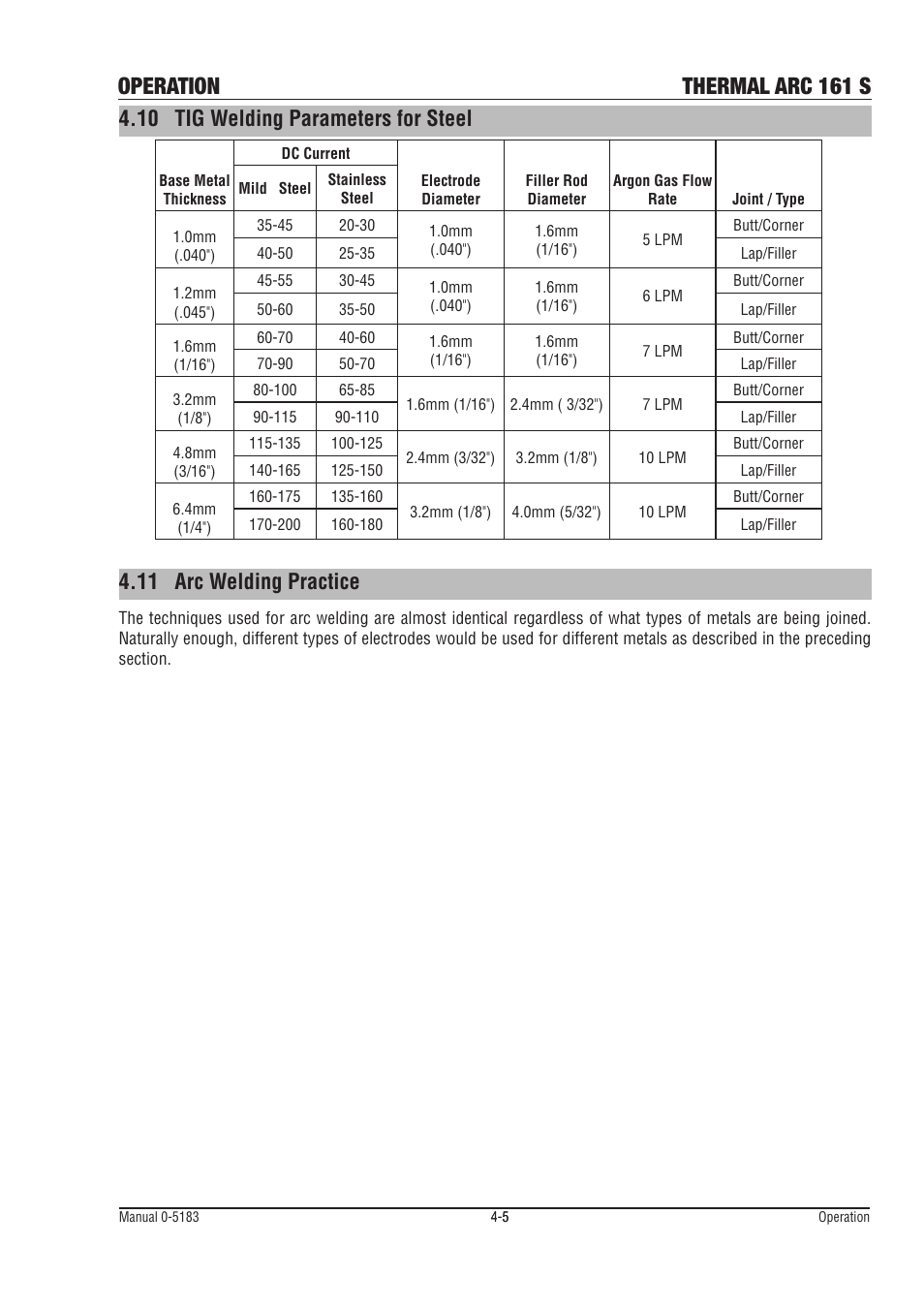 Operation thermal arc 161 s, 10 tig welding parameters for steel, 11 arc welding practice | Tweco 161 S UK User Manual | Page 29 / 48