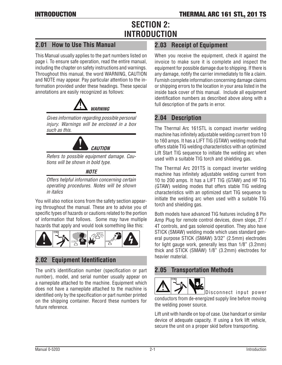 Section 2: introduction, 01 how to use this manual, 02 equipment identification | 03 receipt of equipment, 04 description, 05 transportation methods, 06 duty cycle | Tweco 201 ts Thermal Arc User Manual | Page 15 / 58