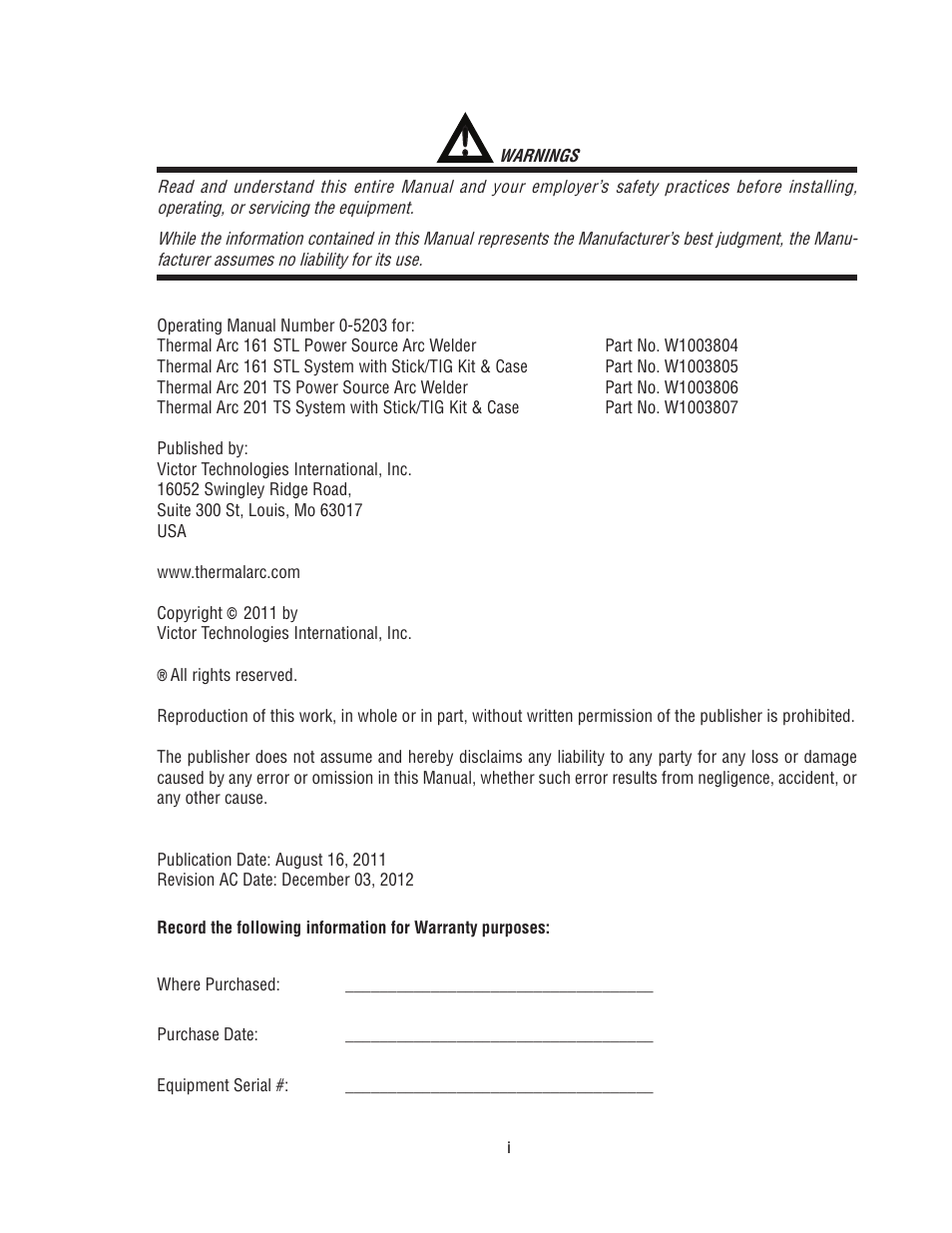 Tweco 201 ts Thermal Arc User Manual | Page 3 / 58