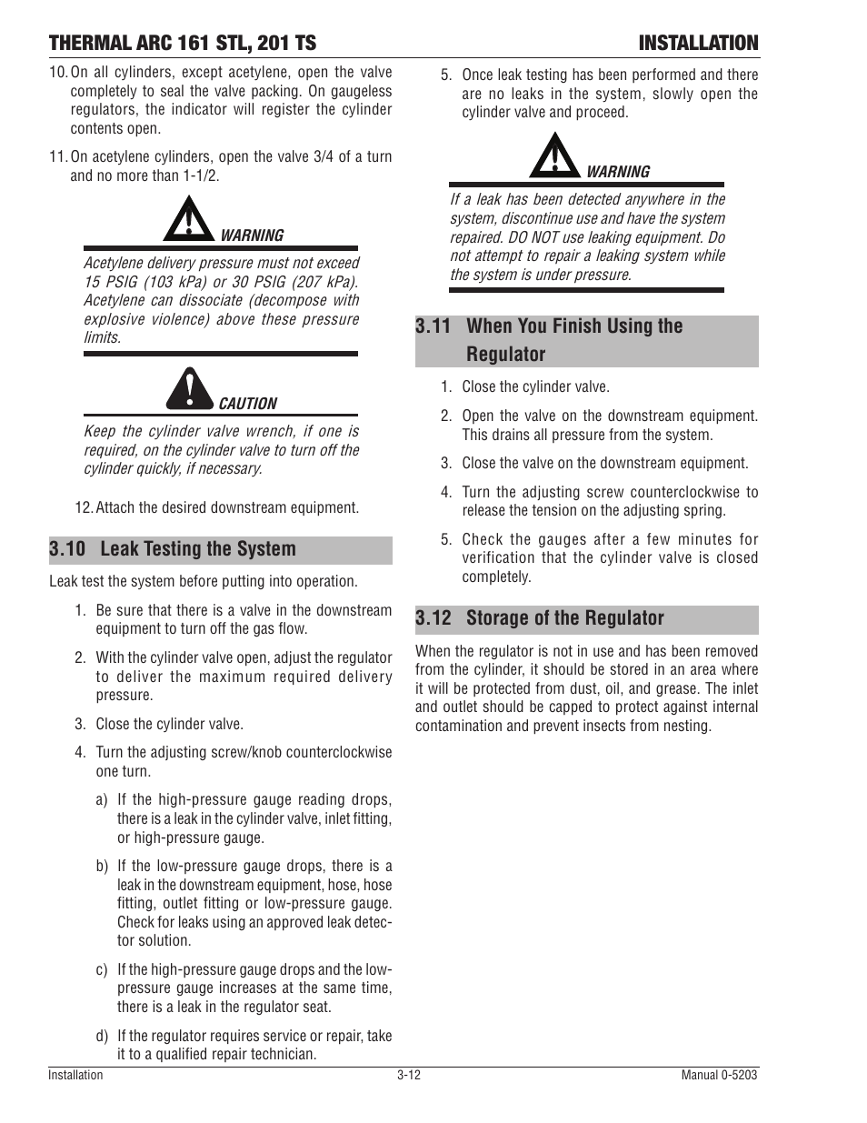 10 leak testing the system, 11 when you finish using the regulator, 12 storage of the regulator | Tweco 201 ts Thermal Arc User Manual | Page 30 / 58