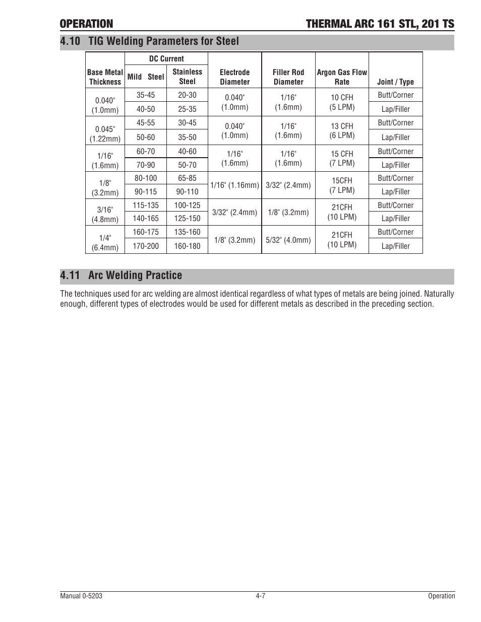 10 tig welding parameters for steel, 11 arc welding practice | Tweco 201 ts Thermal Arc User Manual | Page 37 / 58