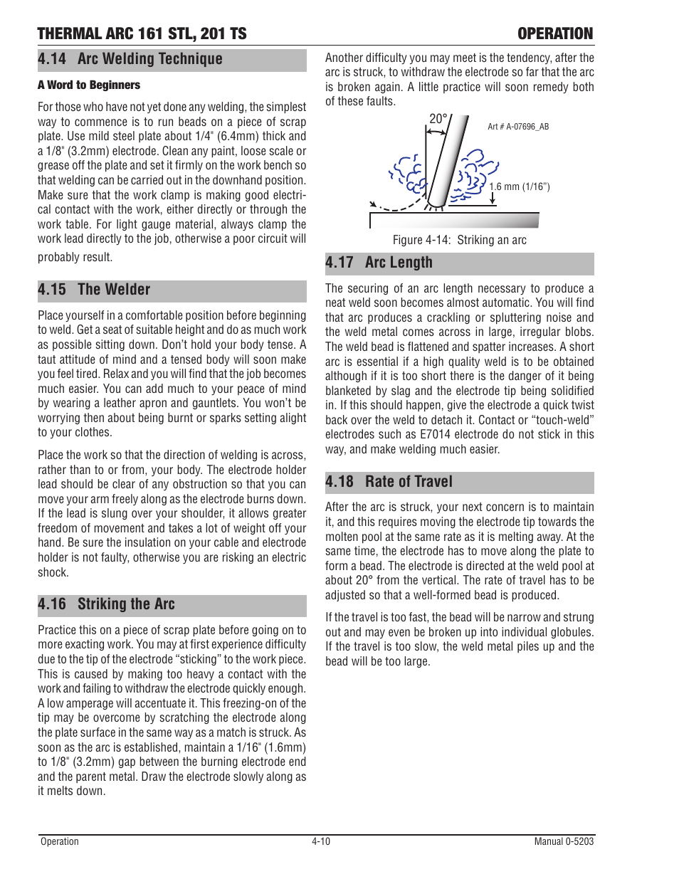 14 arc welding technique, 15 the welder, 16 striking the arc | 17 arc length, 18 rate of travel | Tweco 201 ts Thermal Arc User Manual | Page 40 / 58