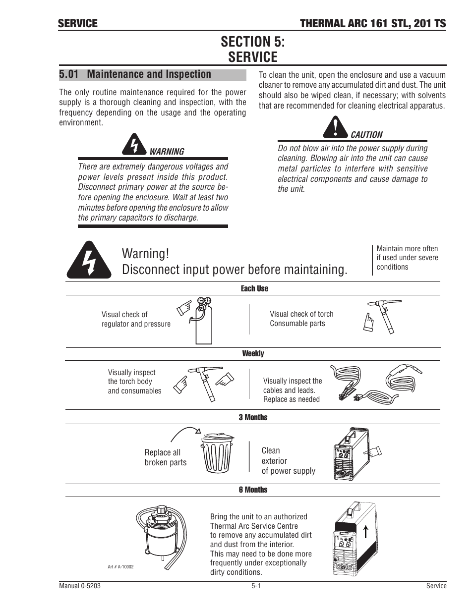 Section 5: service, 01 maintenance and inspection, Warning! disconnect input power before maintaining | Tweco 201 ts Thermal Arc User Manual | Page 45 / 58