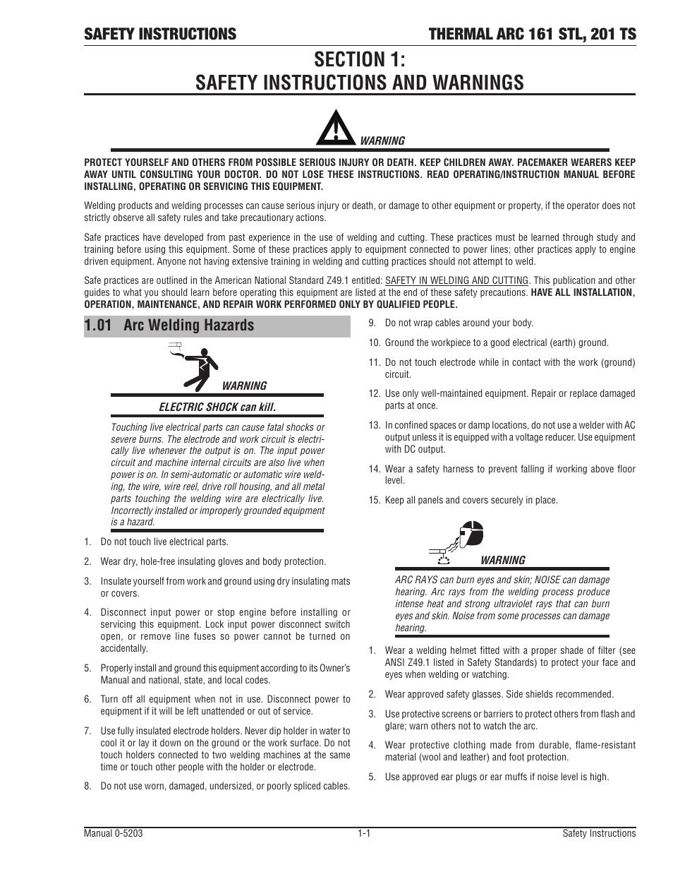 Section 1: safety instructions and warnings, 01 arc welding hazards | Tweco 201 ts Thermal Arc User Manual | Page 7 / 58