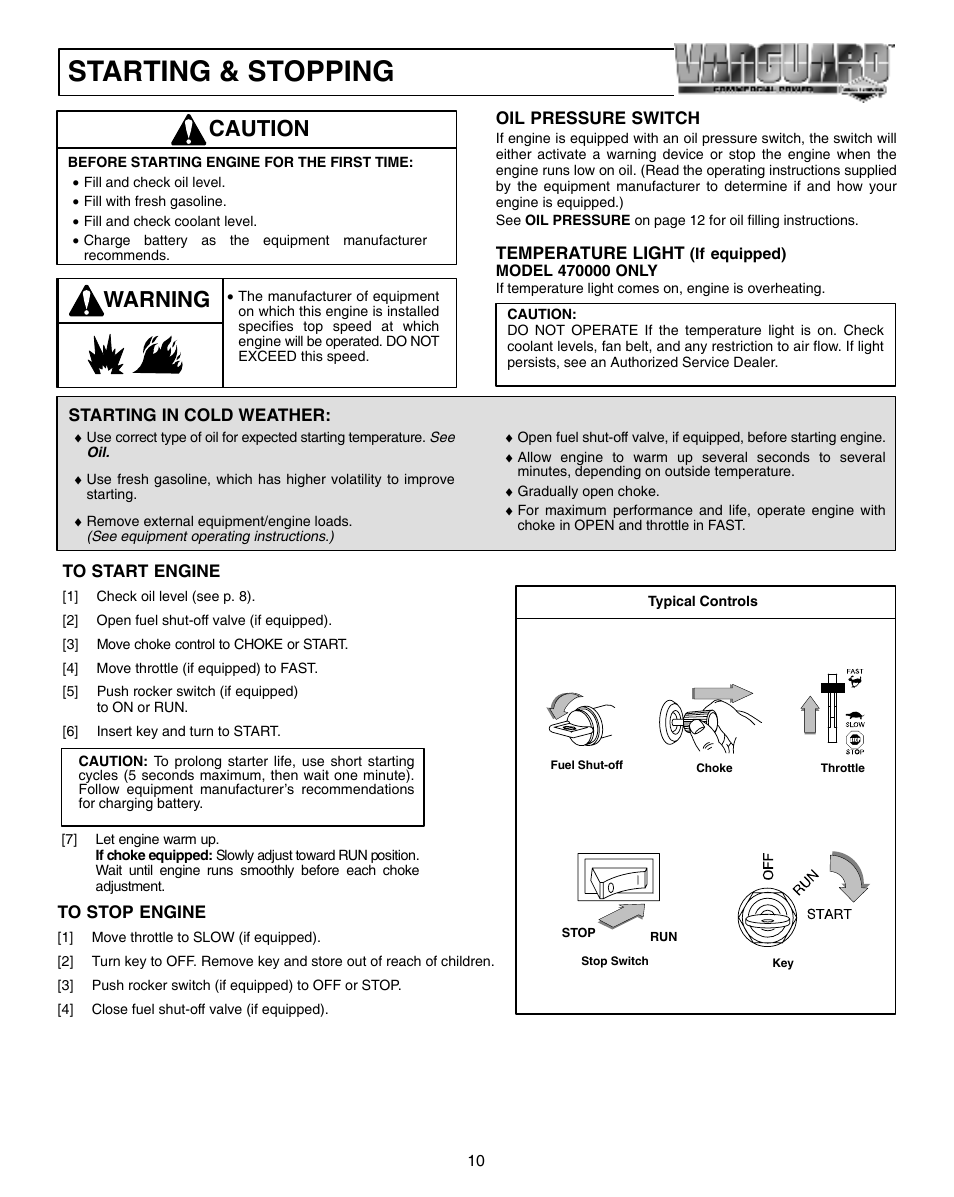 Starting & stopping, Caution, Warning | Briggs & Stratton 470000 User Manual | Page 10 / 20
