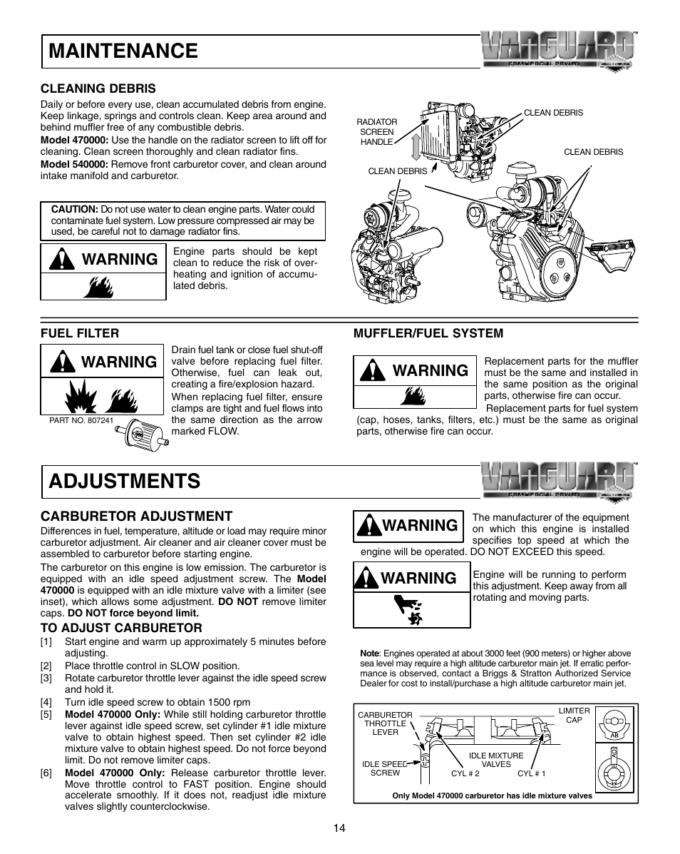 Maintenance, Adjustments, Warning | Carburetor adjustment | Briggs & Stratton 470000 User Manual | Page 14 / 20