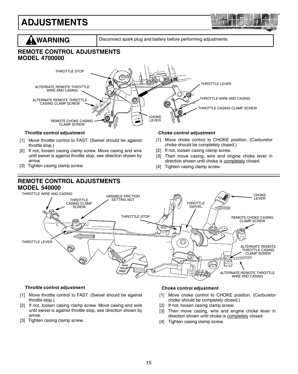 Adjustments, Warning | Briggs & Stratton 470000 User Manual | Page 15 / 20