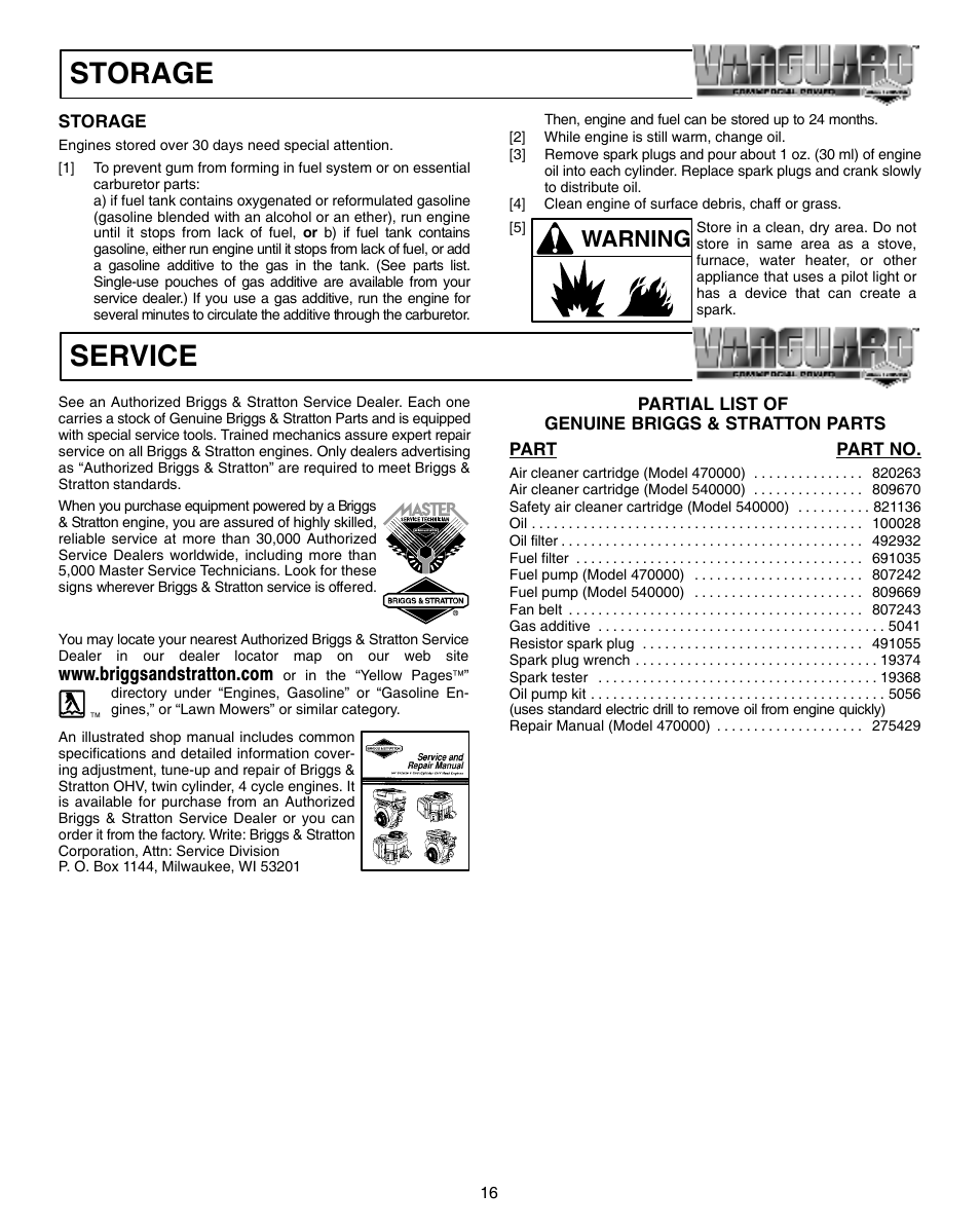 Storage, Service, Warning | Briggs & Stratton 470000 User Manual | Page 16 / 20