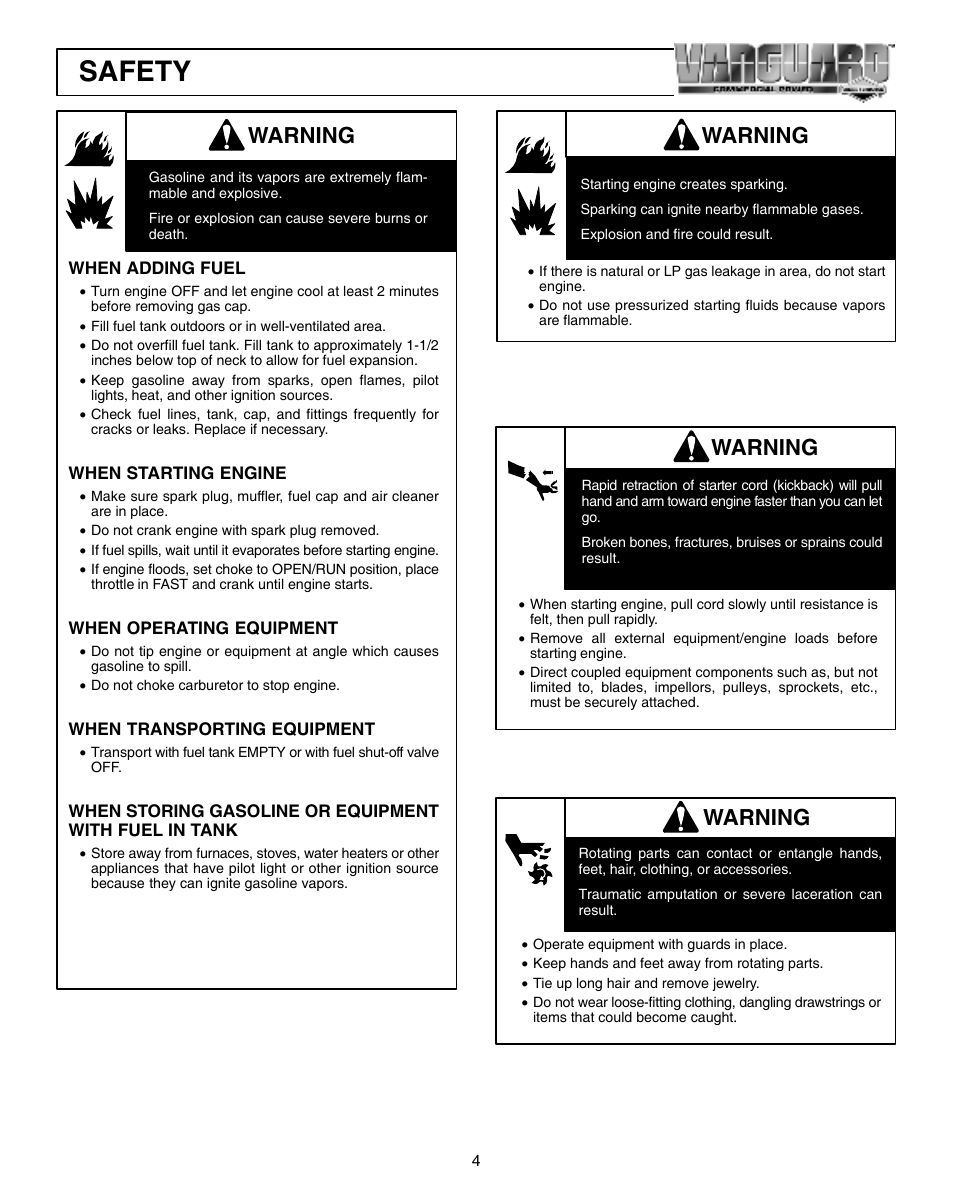 Safety, Warning | Briggs & Stratton 470000 User Manual | Page 4 / 20