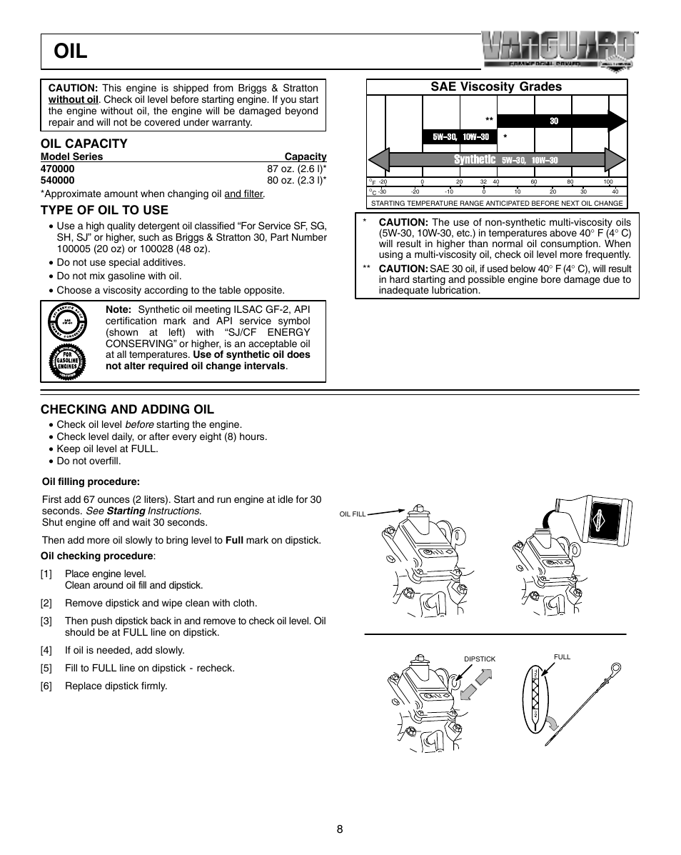 Oil capacity, Type of oil to use, Sae viscosity grades checking and adding oil | Briggs & Stratton 470000 User Manual | Page 8 / 20