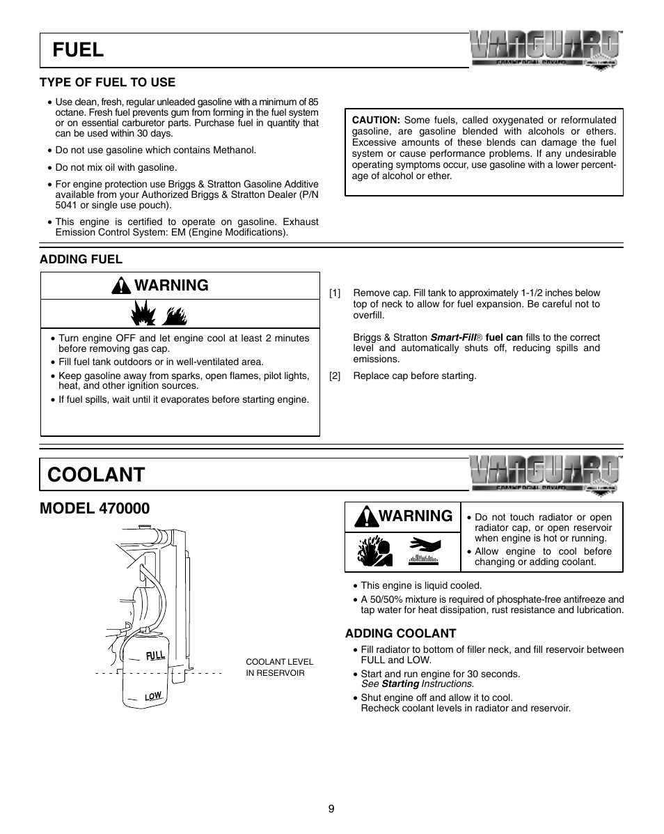 Fuel, Coolant, Warning | Briggs & Stratton 470000 User Manual | Page 9 / 20