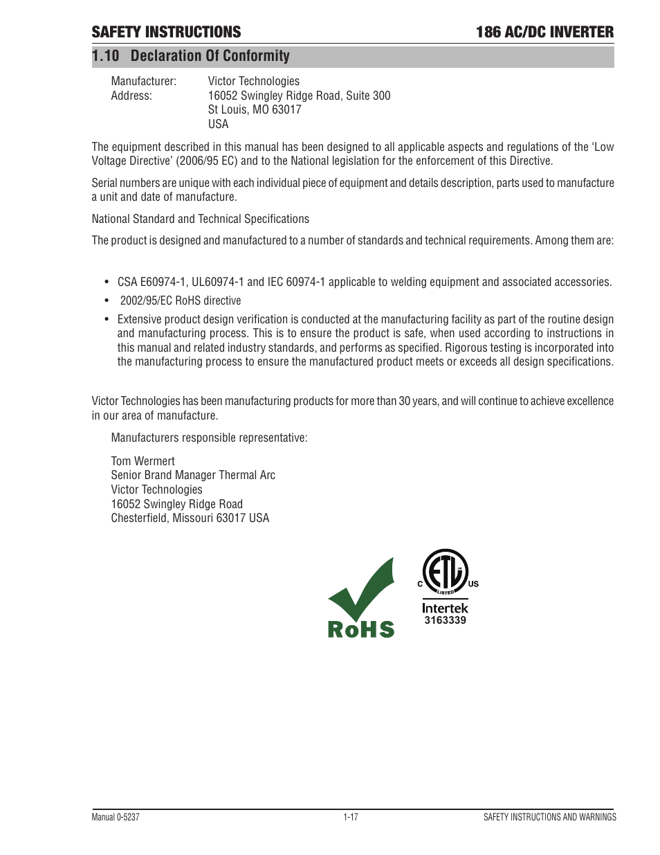 Safety instructions 186 ac/dc inverter, 10 declaration of conformity | Tweco 186 DC Inverter User Manual | Page 23 / 84