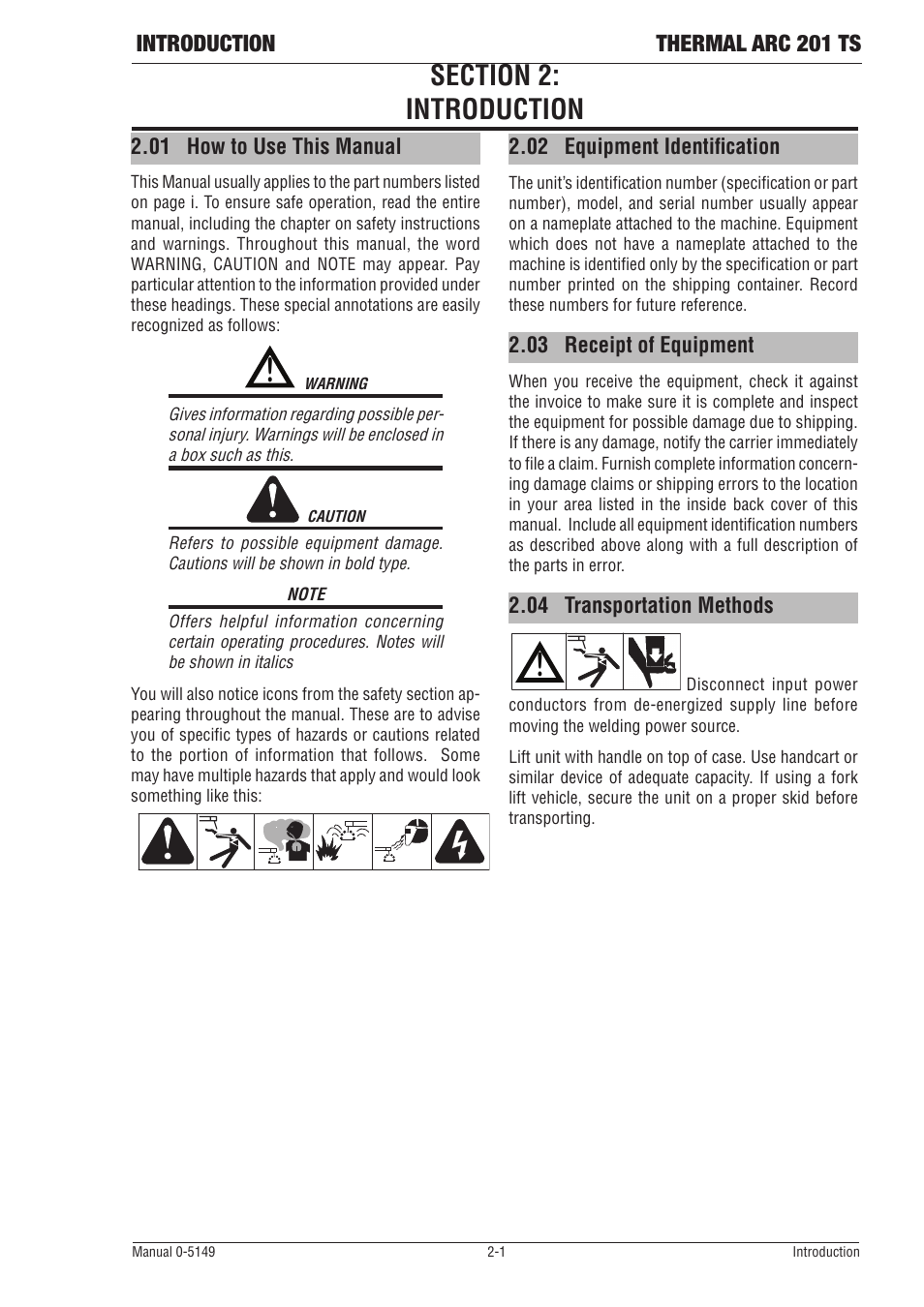 Section 2: introduction, 01 how to use this manual, 02 equipment identification | 03 receipt of equipment, 04 transportation methods, Section 2, Introduction -1, How to use this manual -1, Equipment identification -1, Receipt of equipment -1 | Tweco 201 ts Thermal Arc User Manual | Page 13 / 48