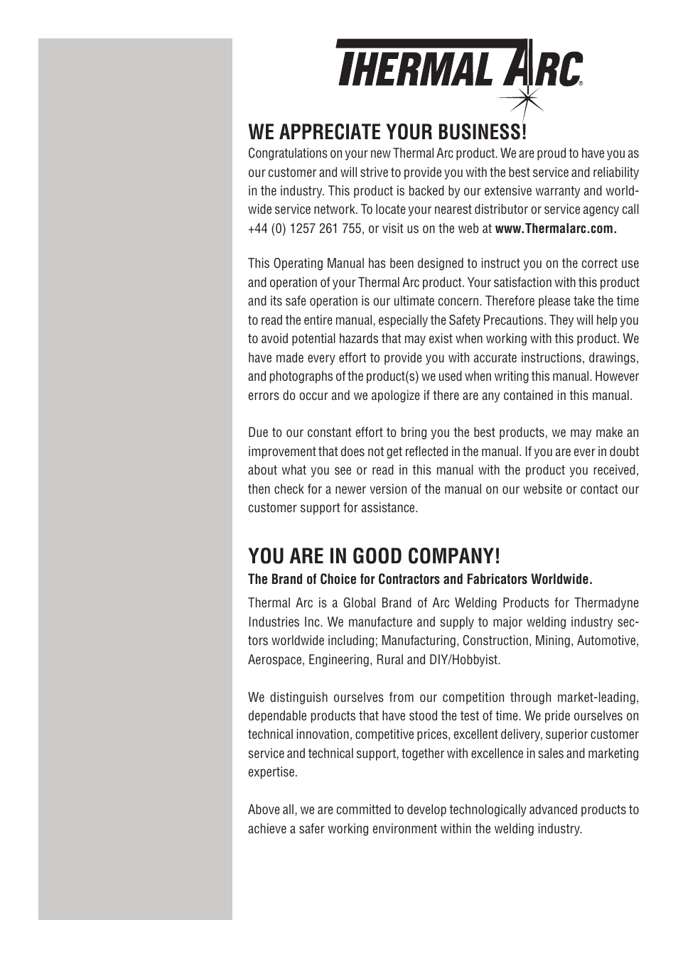 We appreciate your business, You are in good company | Tweco 201 ts Thermal Arc User Manual | Page 2 / 48