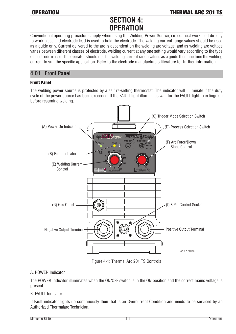 Section 4: operation, 01 front panel, Section 4 | Operation -1, Front panel -1, Operation thermal arc 201 ts | Tweco 201 ts Thermal Arc User Manual | Page 27 / 48