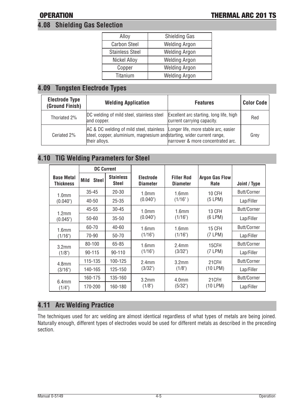 09 tungsten electrode types, 10 tig welding parameters for steel, 11 arc welding practice | Tungsten electrode types -5, Tig welding parameters for steel -5, Arc welding practice -5, Operation thermal arc 201 ts, 08 shielding gas selection | Tweco 201 ts Thermal Arc User Manual | Page 31 / 48