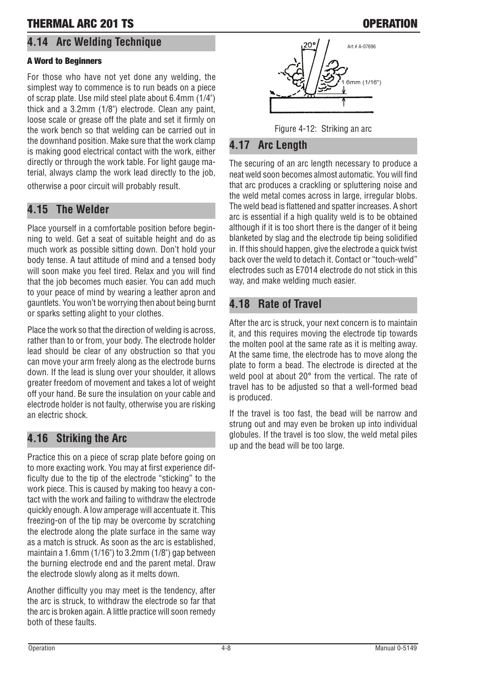 14 arc welding technique, 15 the welder, 16 striking the arc | 17 arc length, 18 rate of travel, Arc welding technique -8, The welder -8, Striking the arc -8, Arc length -8, Rate of travel -8 | Tweco 201 ts Thermal Arc User Manual | Page 34 / 48
