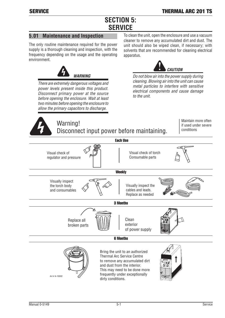 Section 5: service, 01 maintenance and inspection, Section 5 | Service -1, Maintenance and inspection -1, Warning! disconnect input power before maintaining, Service thermal arc 201 ts | Tweco 201 ts Thermal Arc User Manual | Page 39 / 48