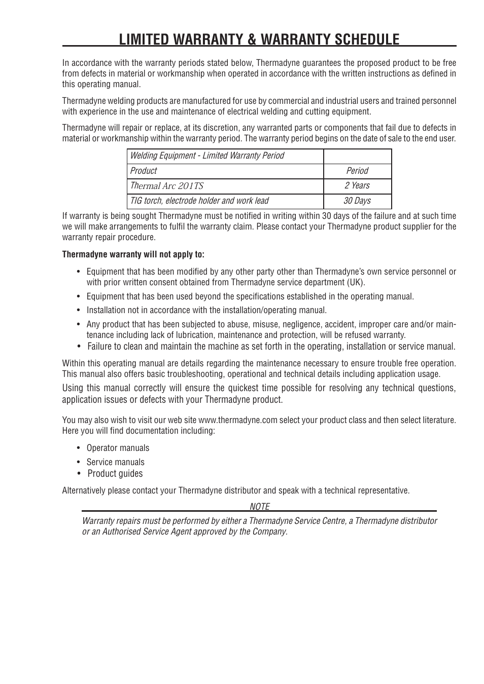 Limited warranty & warranty schedule | Tweco 201 ts Thermal Arc User Manual | Page 47 / 48