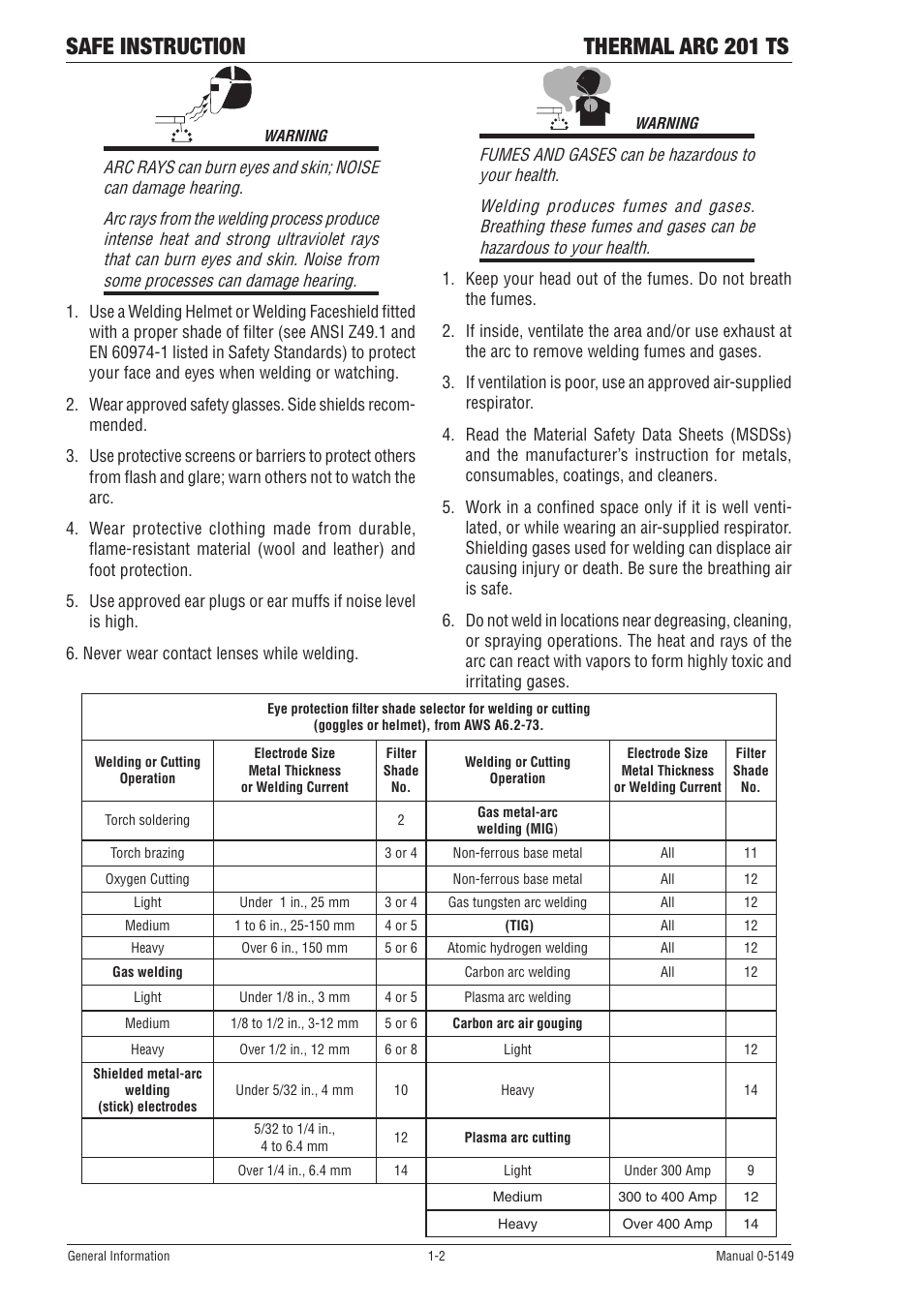 Safe instruction thermal arc 201 ts | Tweco 201 ts Thermal Arc User Manual | Page 8 / 48