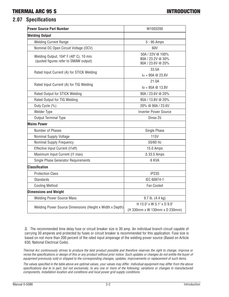 07 specifications, 07 specifications -2, Thermal arc 95 s introduction | Tweco 95 S Thermal Arc(Jan2013) User Manual | Page 18 / 48