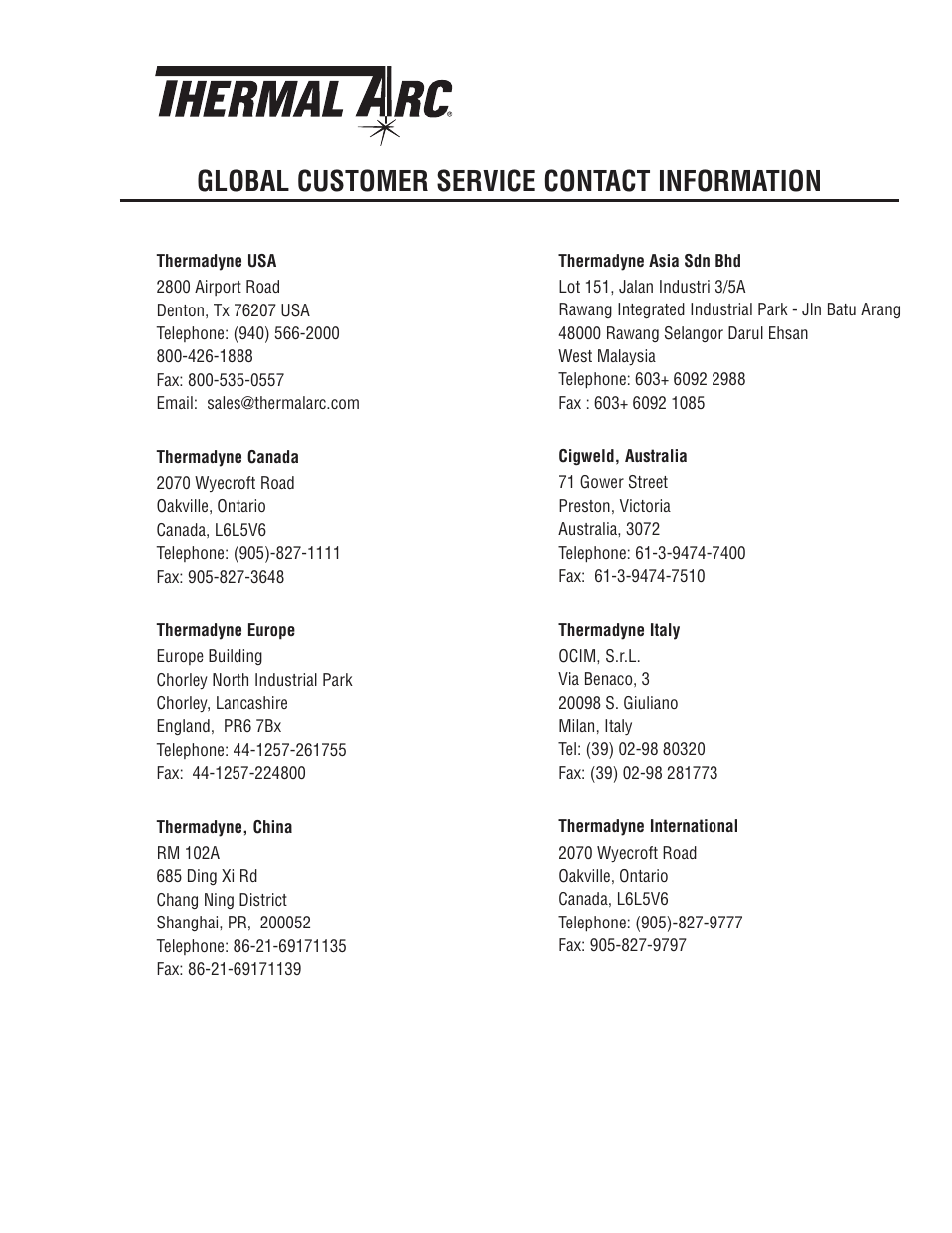 Global customer service contact information | Tweco 160 S Arcmaster User Manual | Page 53 / 54