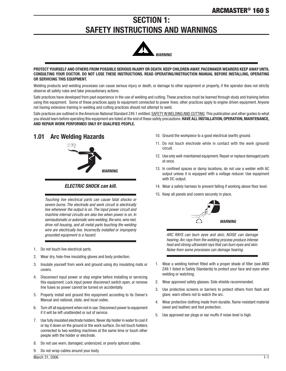 Arcmaster, 160 s, 01 arc welding hazards | Tweco 160 S Arcmaster User Manual | Page 7 / 54