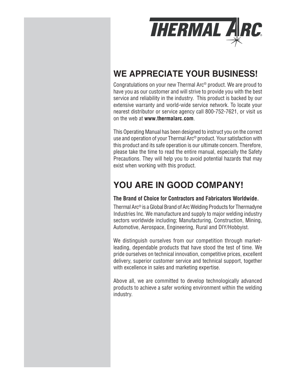 We appreciate your business, You are in good company | Tweco 160 TS Arcmaster User Manual | Page 2 / 60