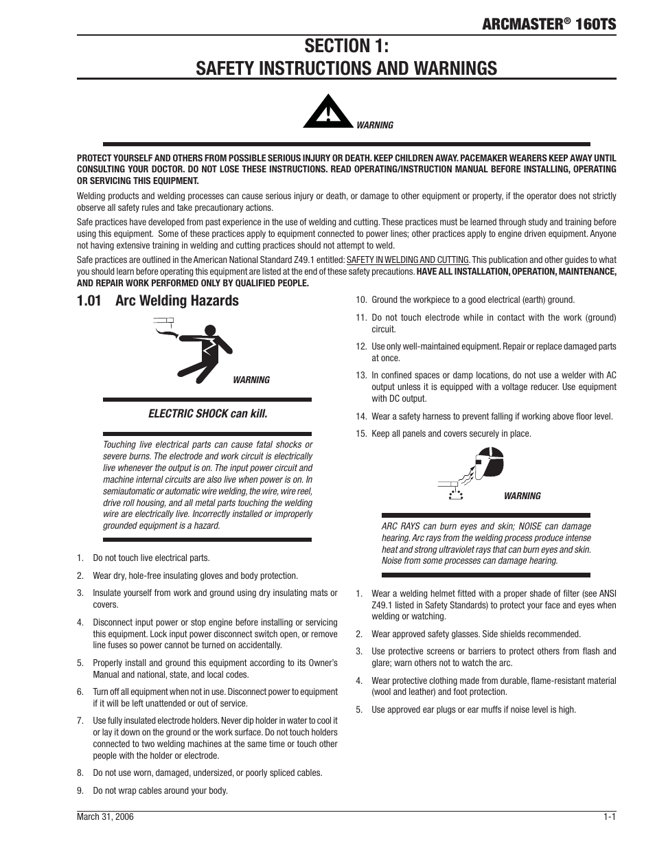 Arcmaster, 160ts, 01 arc welding hazards | Tweco 160 TS Arcmaster User Manual | Page 7 / 60