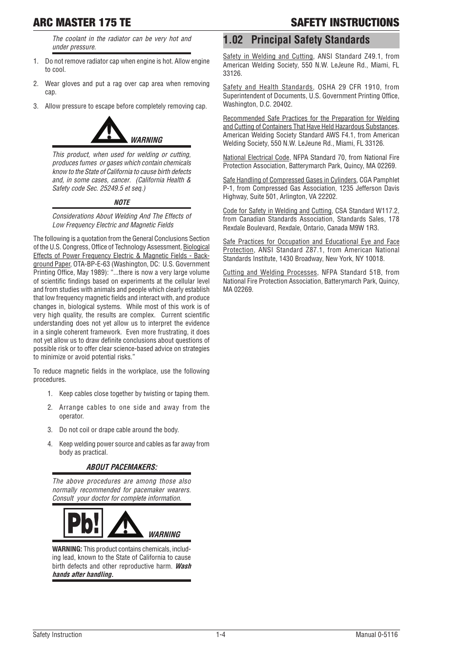02 principal safety standards, Principal safety standards -4, Arc master 175 te safety instructions | Tweco 175 TE Arcmaster User Manual | Page 10 / 52