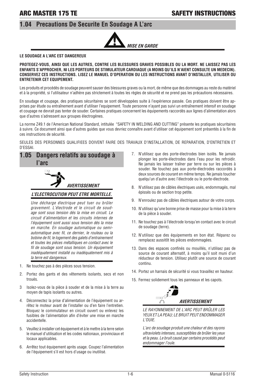 04 precautions de securite en soudage a l’arc, 05 dangers relatifs au soudage à l’arc, Precautions de securite en soudage a l’arc -6 | Dangers relatifs au soudage à l’arc -6, Arc master 175 te safety instructions | Tweco 175 TE Arcmaster User Manual | Page 12 / 52
