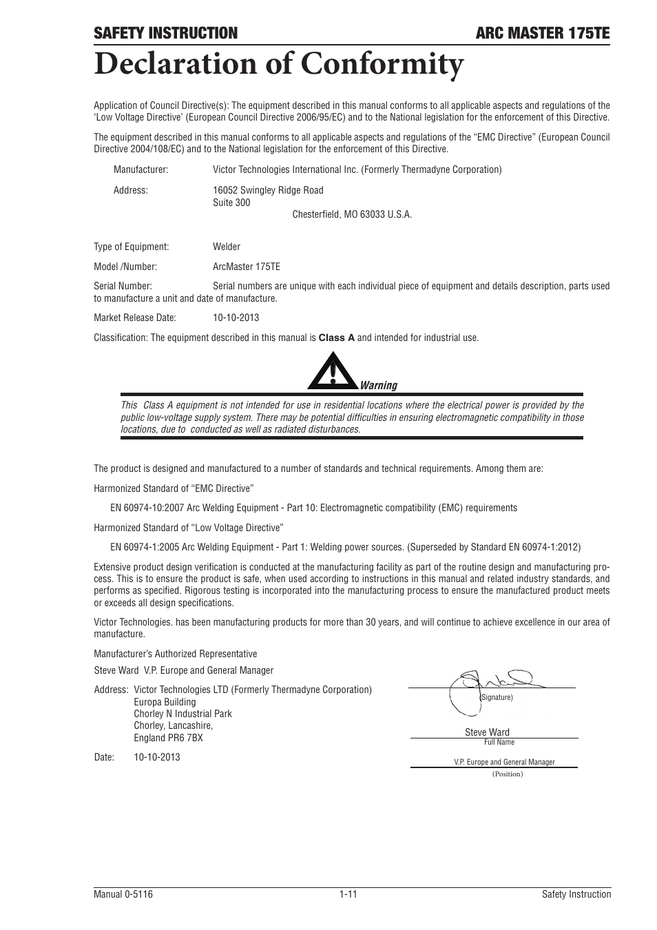 08 declaration of conformity, Declaration of conformity -11, Declaration of conformity | Safety instruction arc master 175te | Tweco 175 TE Arcmaster User Manual | Page 17 / 52