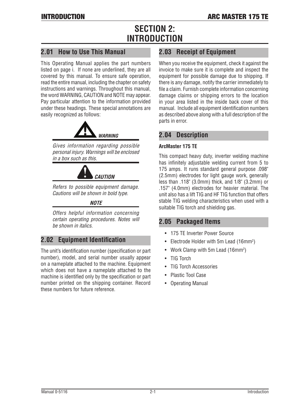 Section 2:introduction, 01 how to use this manual, 02 equipment identification | 03 receipt of equipment, 04 description, 05 packaged items, Section 2:introduction -1, How to use this manual -1, Equipment identification -1, Receipt of equipment -1 | Tweco 175 TE Arcmaster User Manual | Page 19 / 52