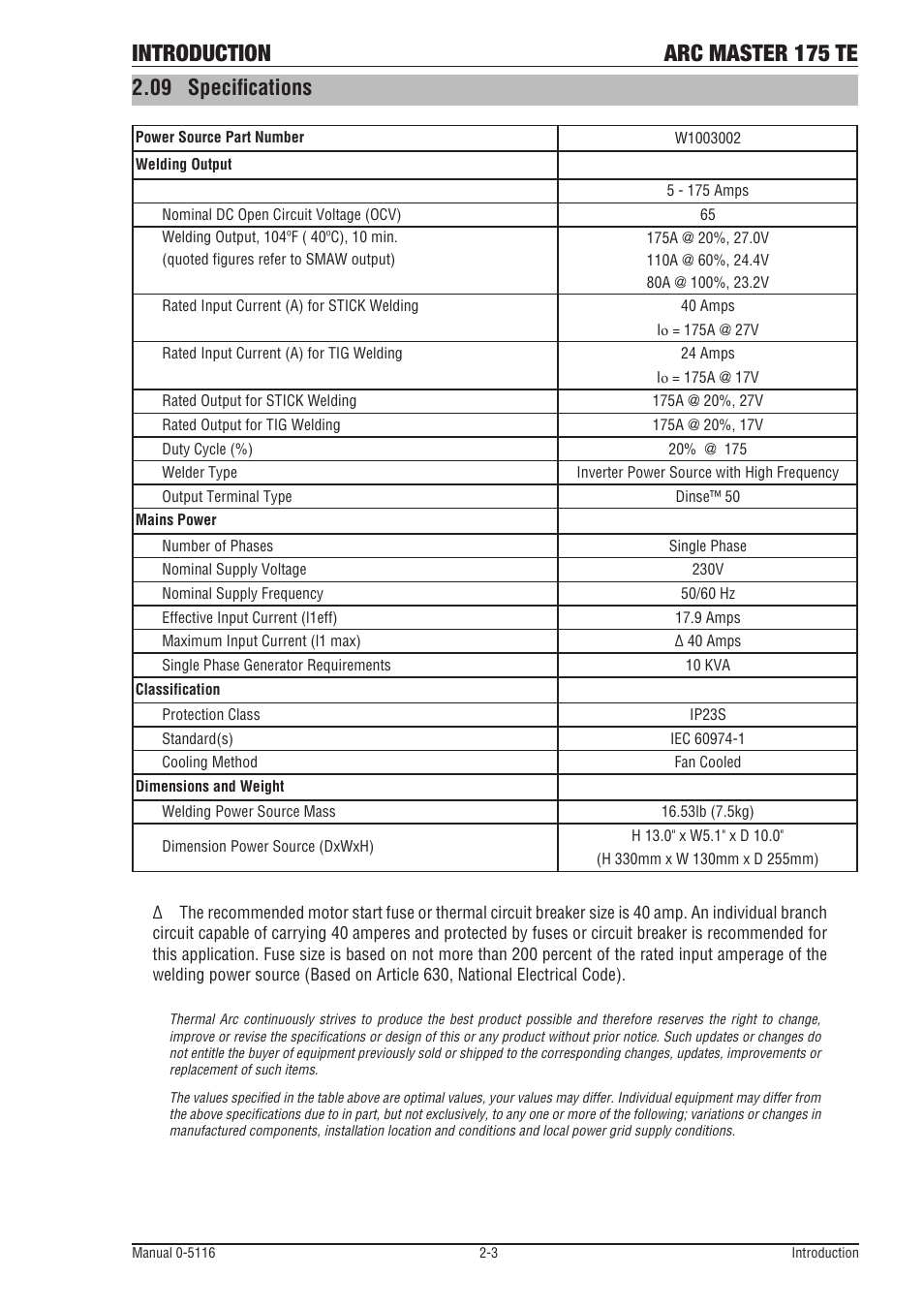 09 specifications, 09 specifications -3, Introduction arc master 175 te | Tweco 175 TE Arcmaster User Manual | Page 21 / 52
