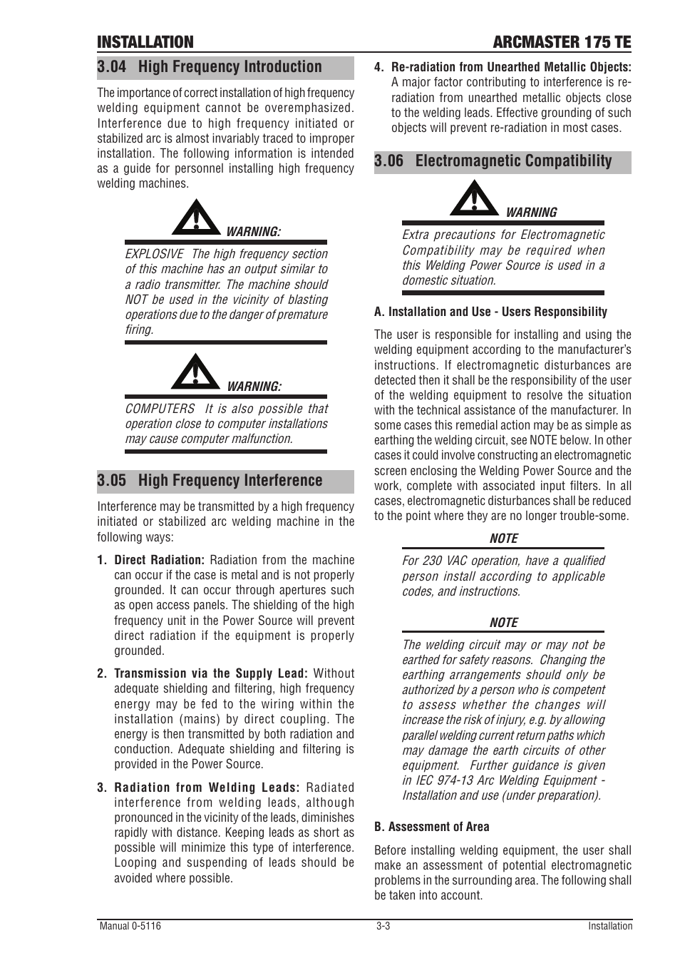 04 high frequency introduction, 05 high frequency interference, 06 electromagnetic compatibility | High frequency introduction -3, High frequency interference -3, Electromagnetic compatibility -3, Installation arcmaster 175 te | Tweco 175 TE Arcmaster User Manual | Page 25 / 52