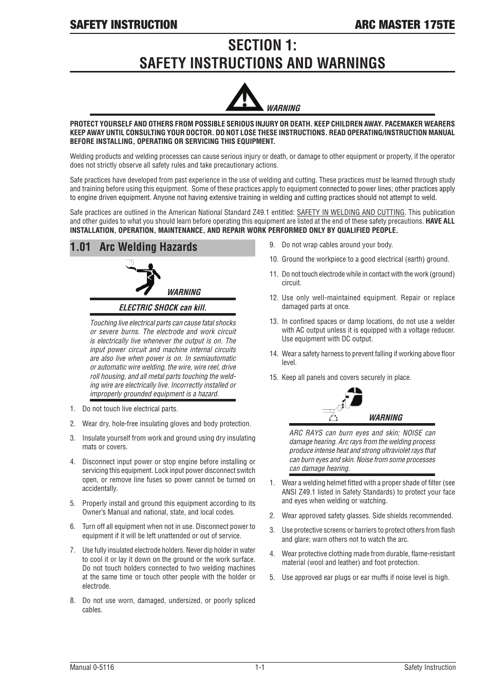 Section 1:safety instructions and warnings, 01 arc welding hazards, Section 1:safety instructions and warnings -1 | Arc welding hazards -1, Safety instruction arc master 175te | Tweco 175 TE Arcmaster User Manual | Page 7 / 52