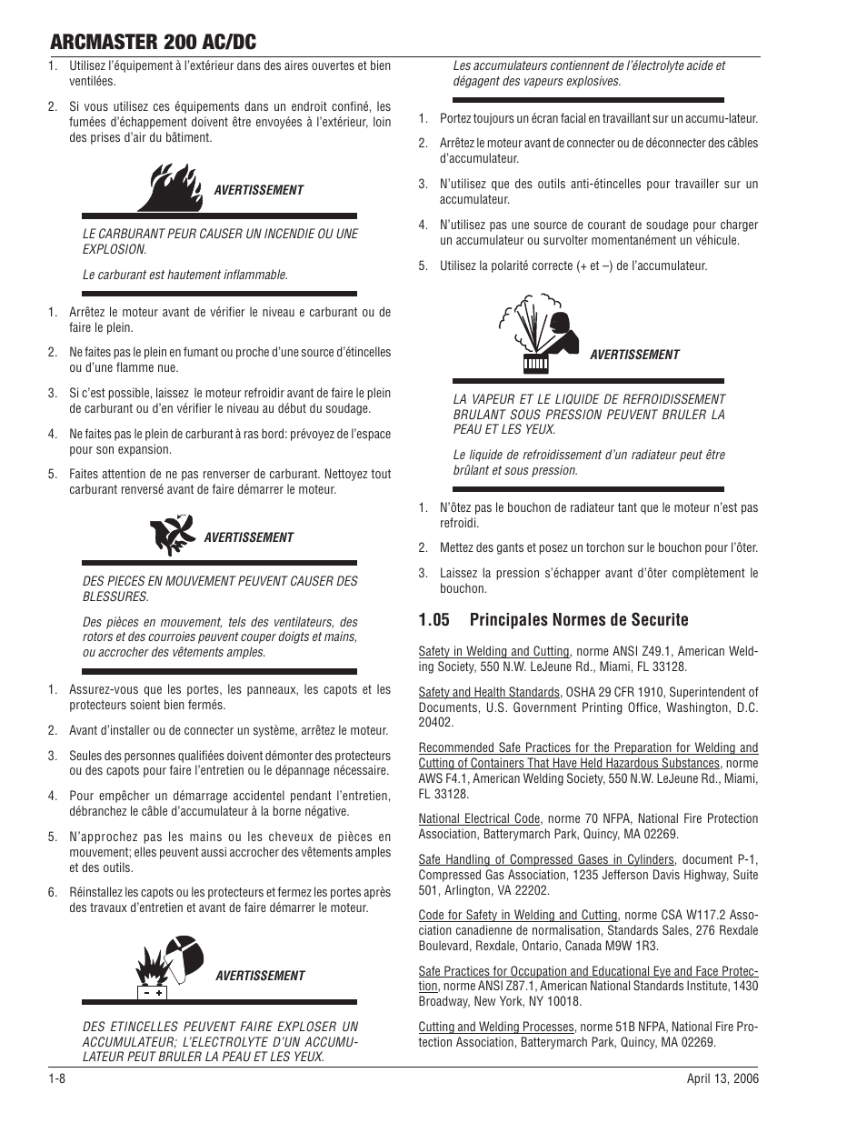 05 principales normes de securite, 05 principales normes de securite -8, Arcmaster 200 ac/dc | Tweco 200 ACDC Arcmaster(April2006) User Manual | Page 14 / 72