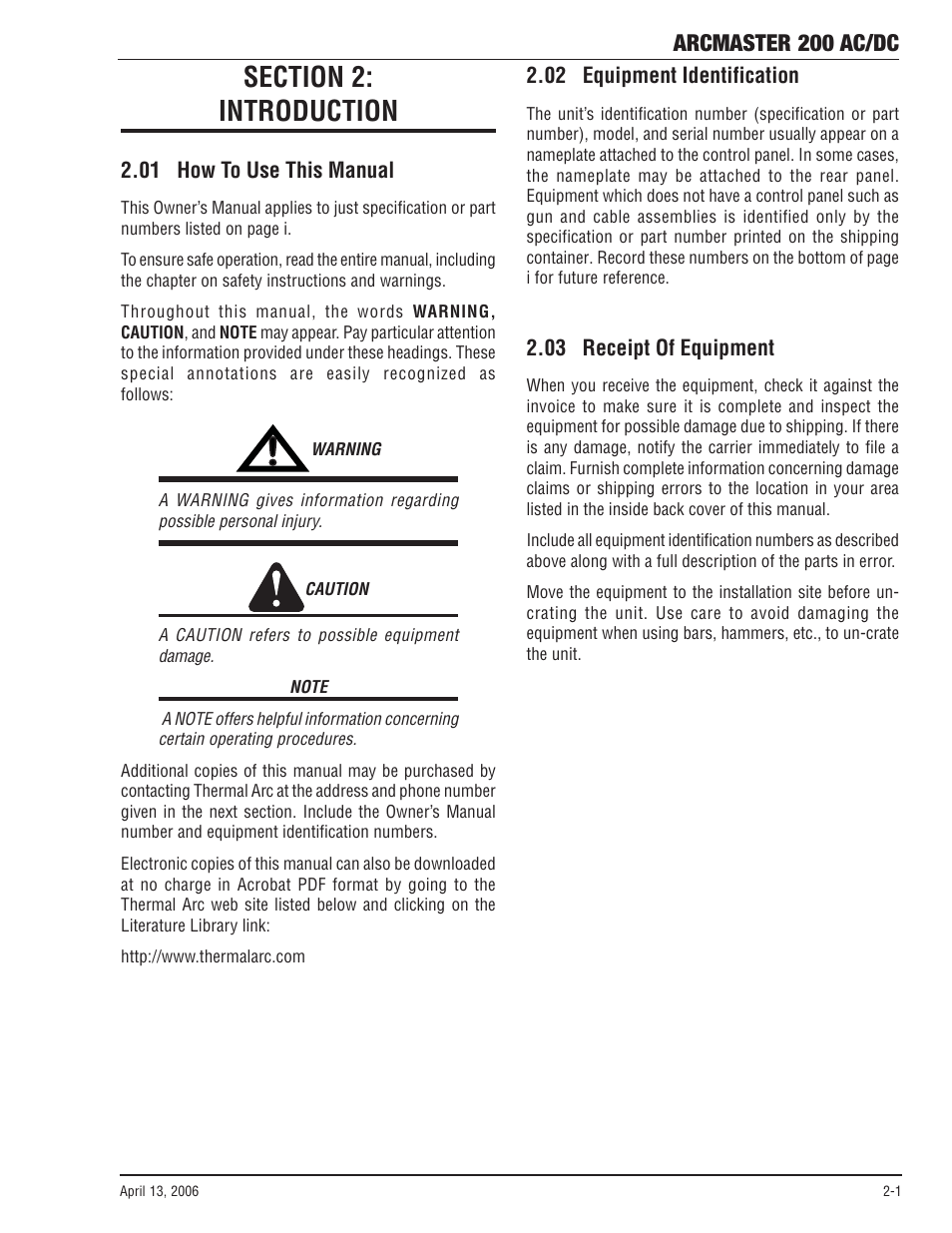 Section 2: introduction, 01 how to use this manual, 02 equipment identification | 03 receipt of equipment, Section 2, Introduction -1, Arcmaster 200 ac/dc | Tweco 200 ACDC Arcmaster(April2006) User Manual | Page 17 / 72