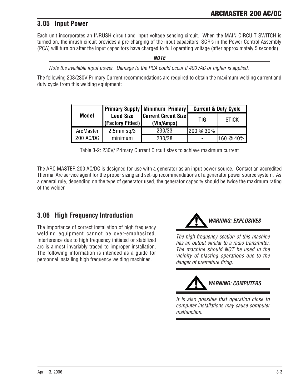 05 input power, 06 high frequency introduction, Arcmaster 200 ac/dc | Tweco 200 ACDC Arcmaster(April2006) User Manual | Page 23 / 72