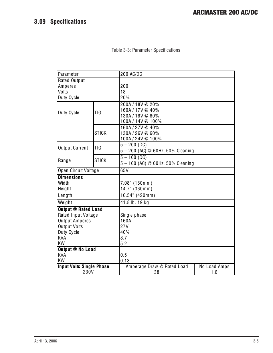 09 specifications, 09 specifications -5, Arcmaster 200 ac/dc | Tweco 200 ACDC Arcmaster(April2006) User Manual | Page 25 / 72