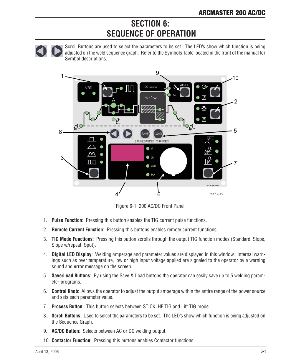 Section 6: sequence of operation, Section 6, Sequence of operation -1 | Arcmaster 200 ac/dc | Tweco 200 ACDC Arcmaster(April2006) User Manual | Page 37 / 72