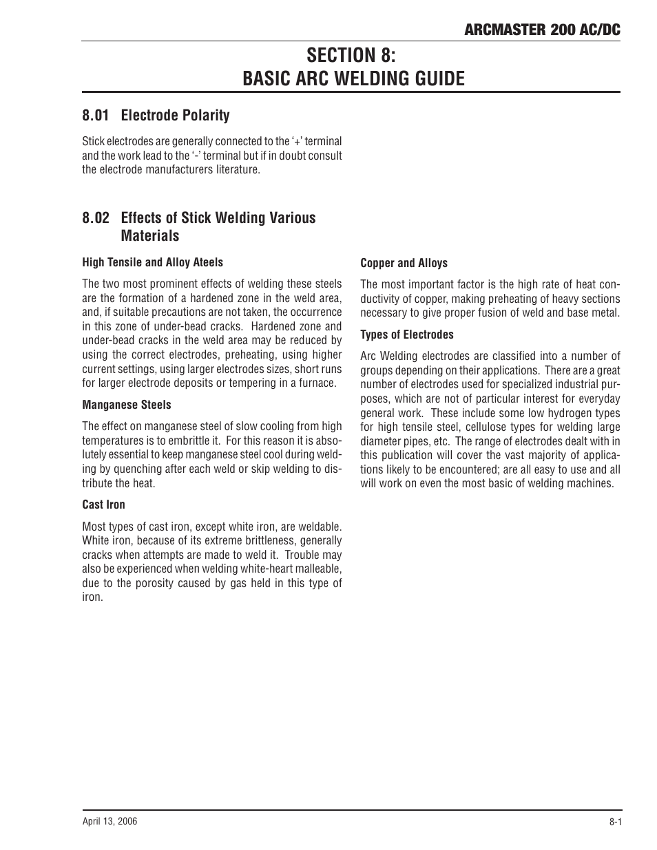 Section 8: basic arc welding guide, 01 electrode polarity, 02 effects of stick welding various materials | Section 8, Basic arc welding guide -1, Arcmaster 200 ac/dc | Tweco 200 ACDC Arcmaster(April2006) User Manual | Page 45 / 72