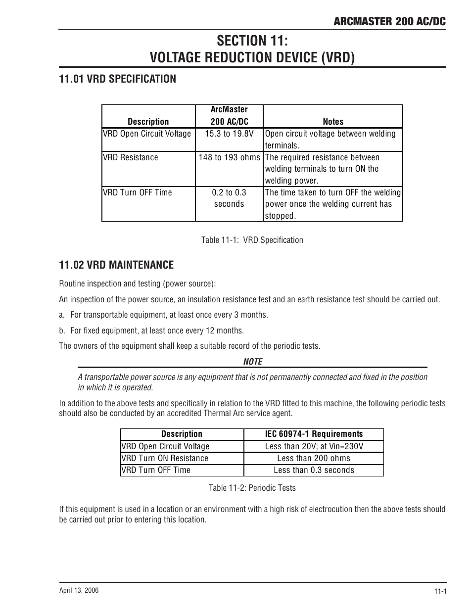 Section 11: voltage reduction device (vrd), 01 vrd specification, 02 vrd maintenance | Section 11, Voltage reduction device (vrd) -1, 01 vrd specification -1 11.02 vrd maintenance -1, Arcmaster 200 ac/dc | Tweco 200 ACDC Arcmaster(April2006) User Manual | Page 57 / 72